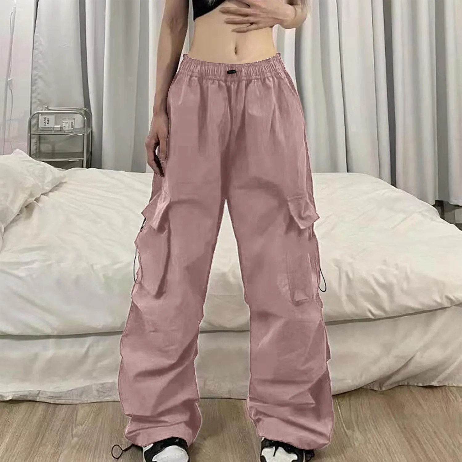 Baggy Parachute Pants for Women Elastic High Waist Lounge Cargo Pants Multiple Pockets Jogger Y2K Quick Dry Pant
