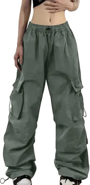 Baggy Parachute Pants for Women Elastic High Waist Lounge Cargo Pants Multiple Pockets Jogger Y2K Quick Dry Pant
