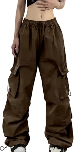 Baggy Parachute Pants for Women Elastic High Waist Lounge Cargo Pants Multiple Pockets Jogger Y2K Quick Dry Pant