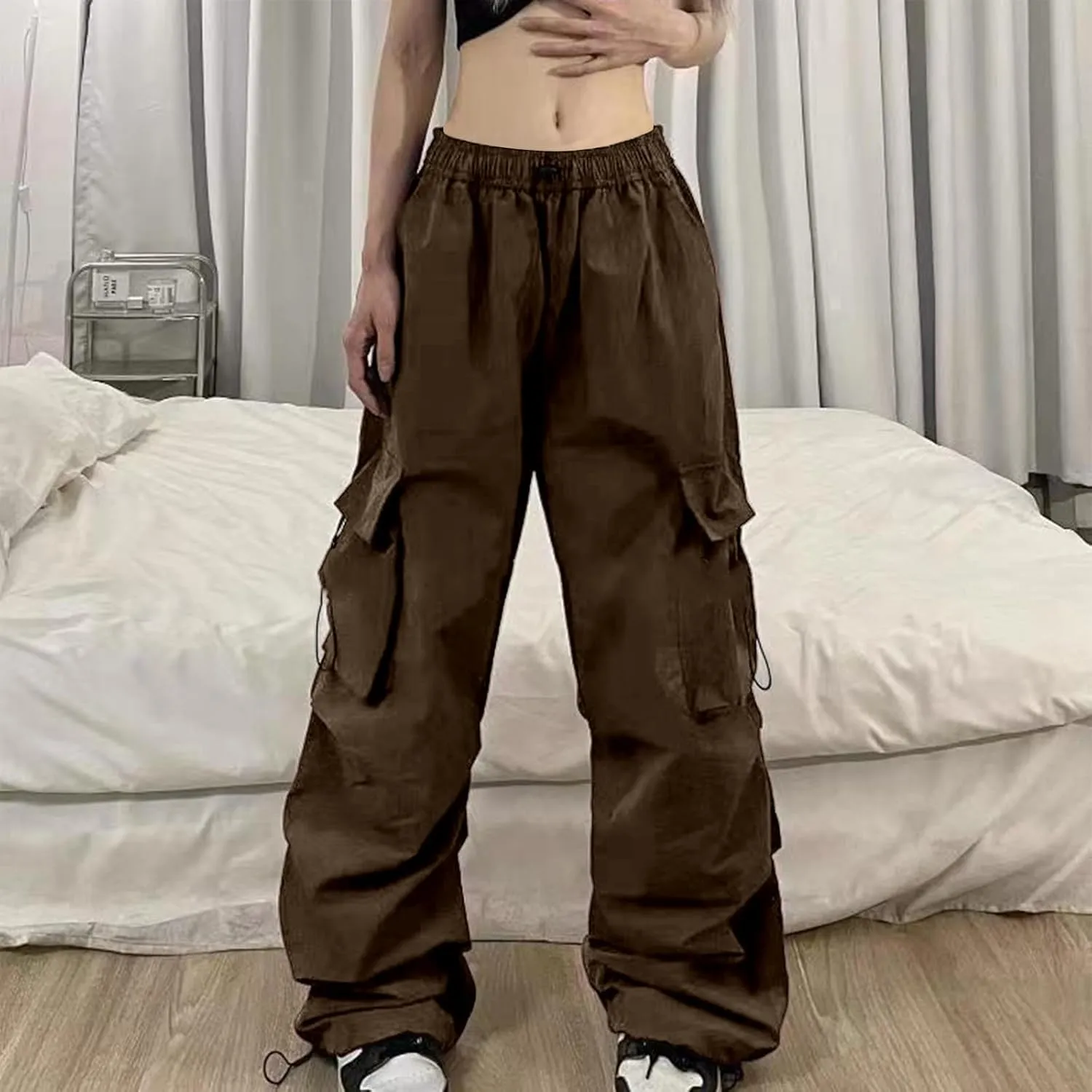 Baggy Parachute Pants for Women Elastic High Waist Lounge Cargo Pants Multiple Pockets Jogger Y2K Quick Dry Pant