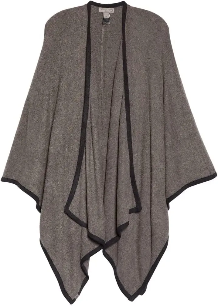 Barefoot Dreams CozyChic Lite Bordered Wrap, Long Fine Knit Open Front Cardigans, Lightweight Long Sleeve Winter Clothes, Cocoon Wrap Sweater, Mineral/Black, One Size