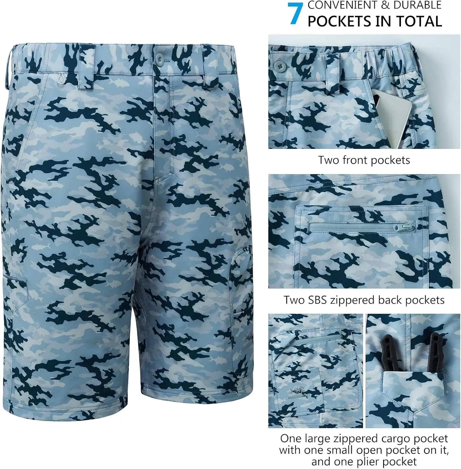 BASSDASH 10.5 Mens Fishing Cargo Shorts Quick Dry UPF 50  Water Resistant FP01M