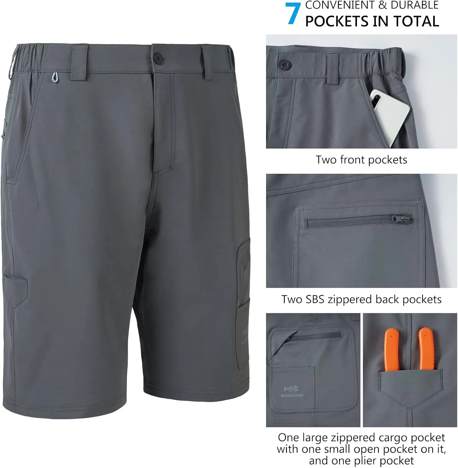 BASSDASH 10.5 Mens Fishing Cargo Shorts Quick Dry UPF 50  Water Resistant FP01M