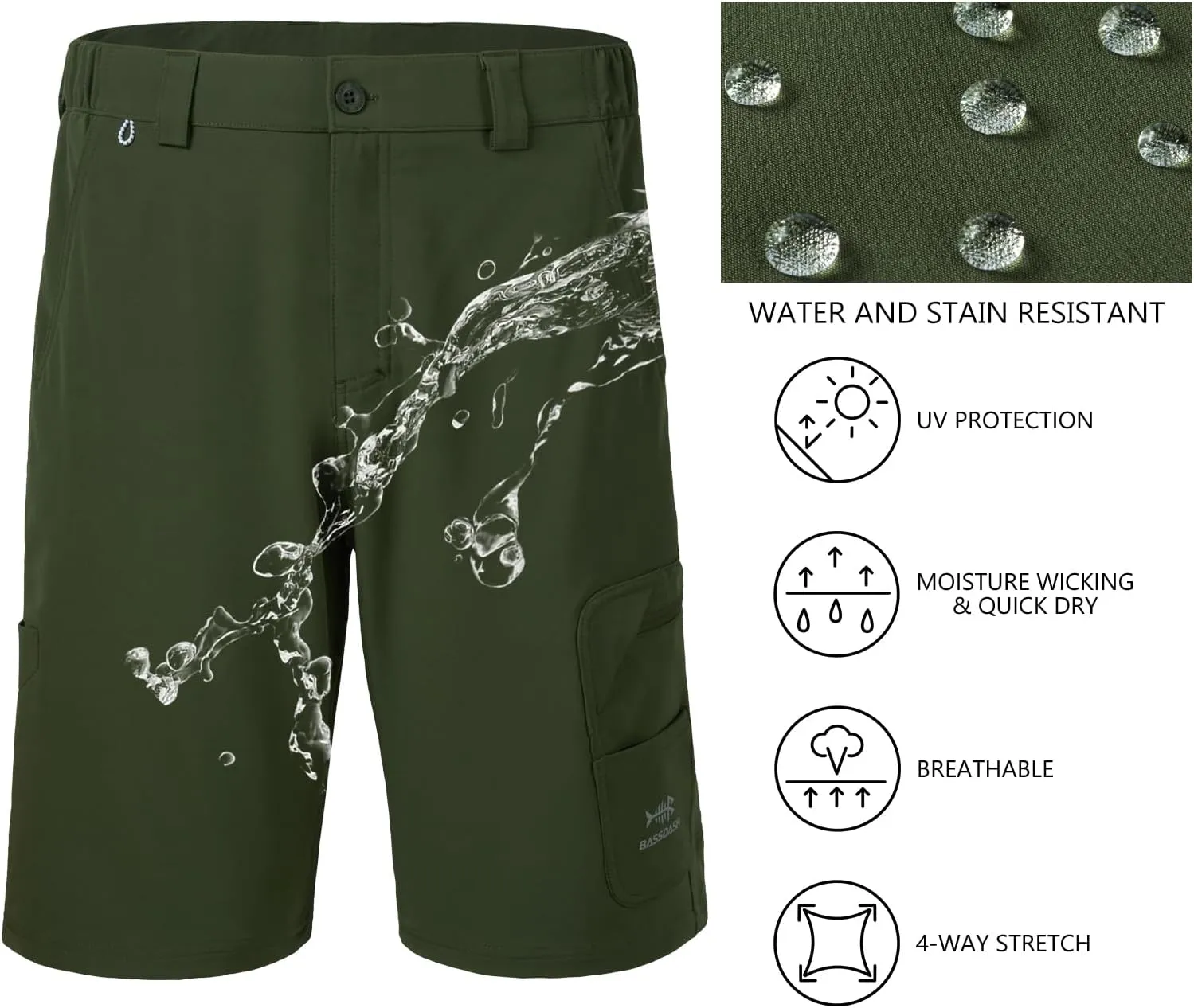 BASSDASH 10.5 Mens Fishing Cargo Shorts Quick Dry UPF 50  Water Resistant FP01M