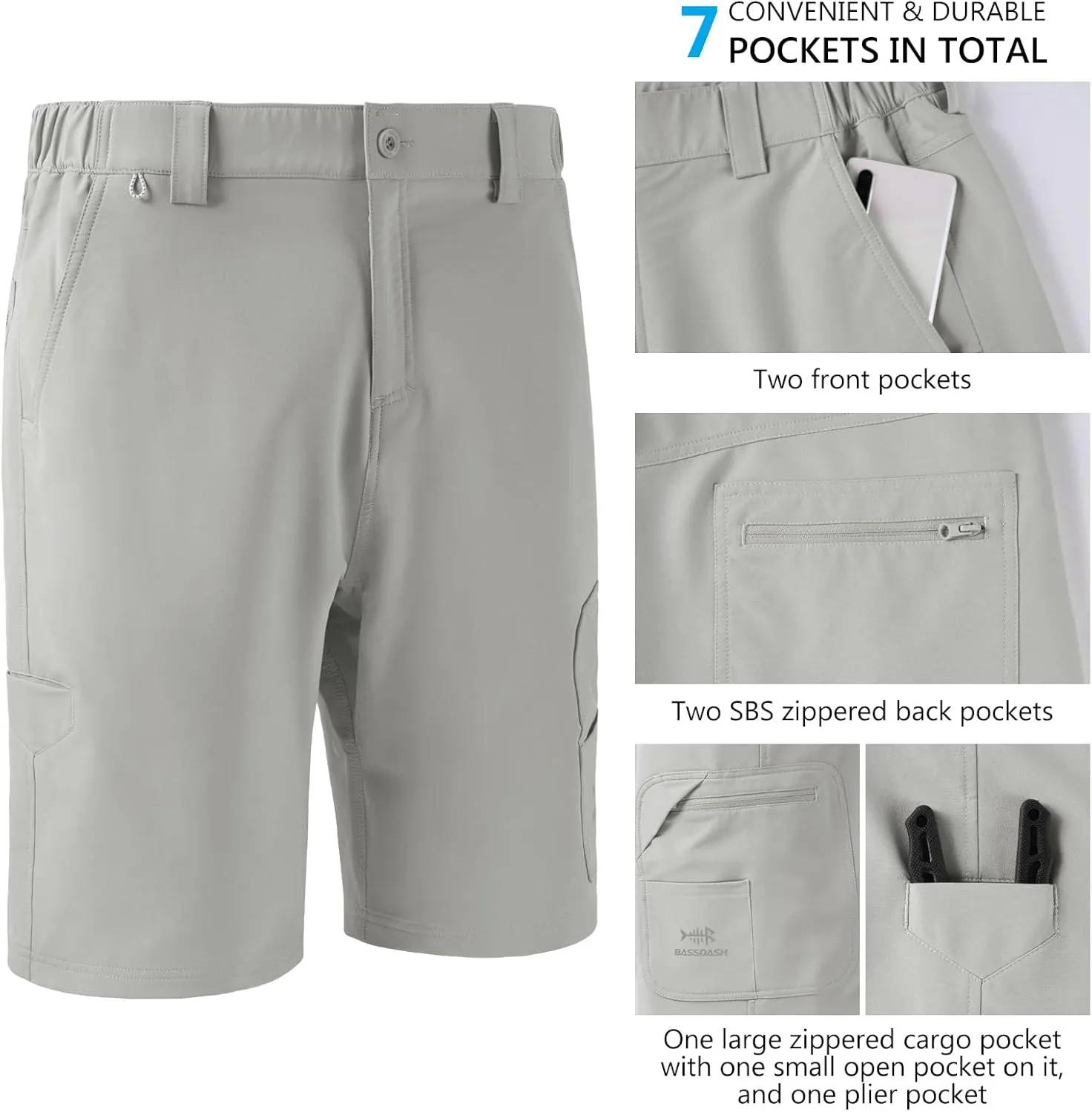 BASSDASH 10.5 Mens Fishing Cargo Shorts Quick Dry UPF 50  Water Resistant FP01M