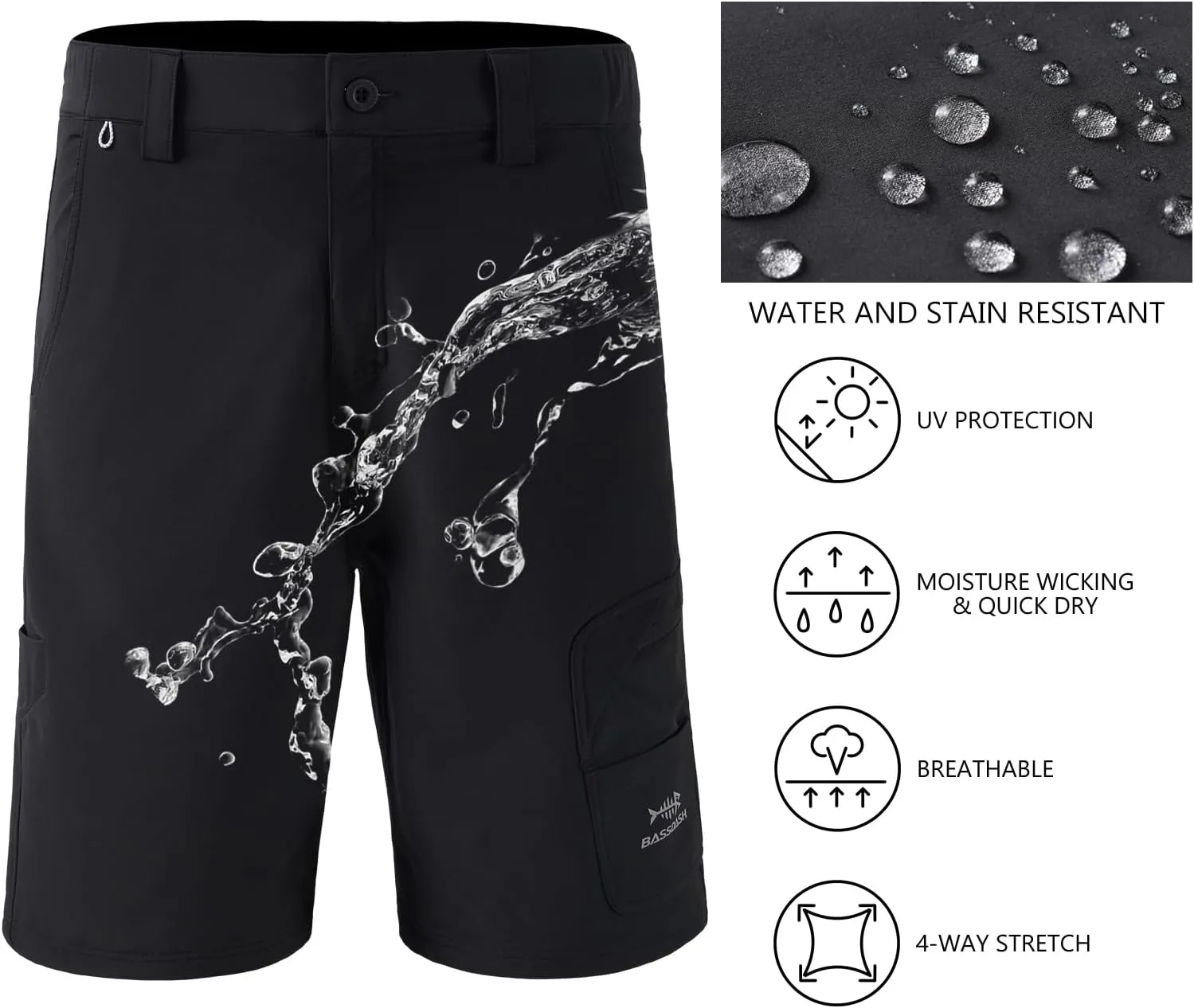 BASSDASH 10.5 Mens Fishing Cargo Shorts Quick Dry UPF 50  Water Resistant FP01M