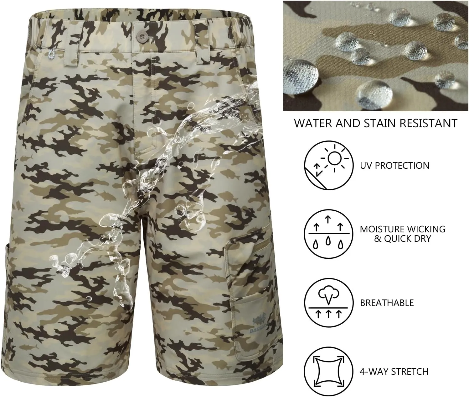 BASSDASH 10.5 Mens Fishing Cargo Shorts Quick Dry UPF 50  Water Resistant FP01M