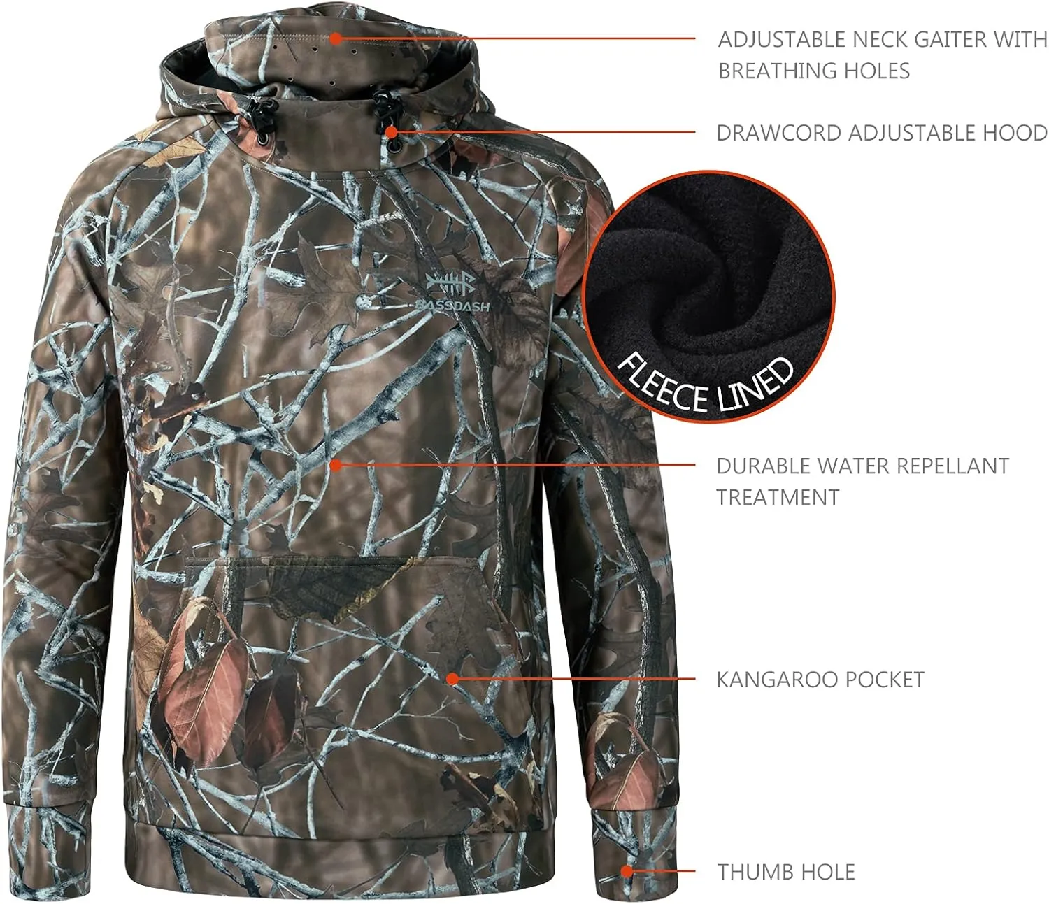 BASSDASH Youth Fishing Fleece Hoodie with Mask Water Resistant Kids Performance Sweatshirt FS18Y