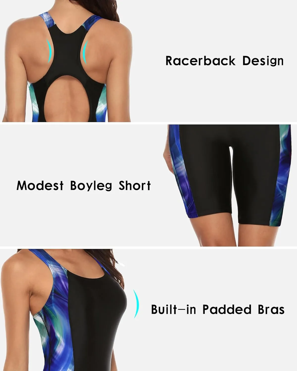beautyin Women's Boyleg Unitard Swimsuits Racerback Athletic One Piece Bathing Suits Knee Length Bodysuits