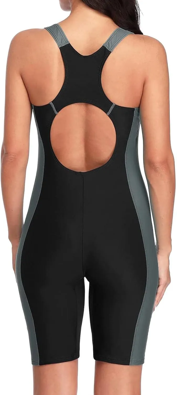beautyin Women's Boyleg Unitard Swimsuits Racerback Athletic One Piece Bathing Suits Knee Length Bodysuits