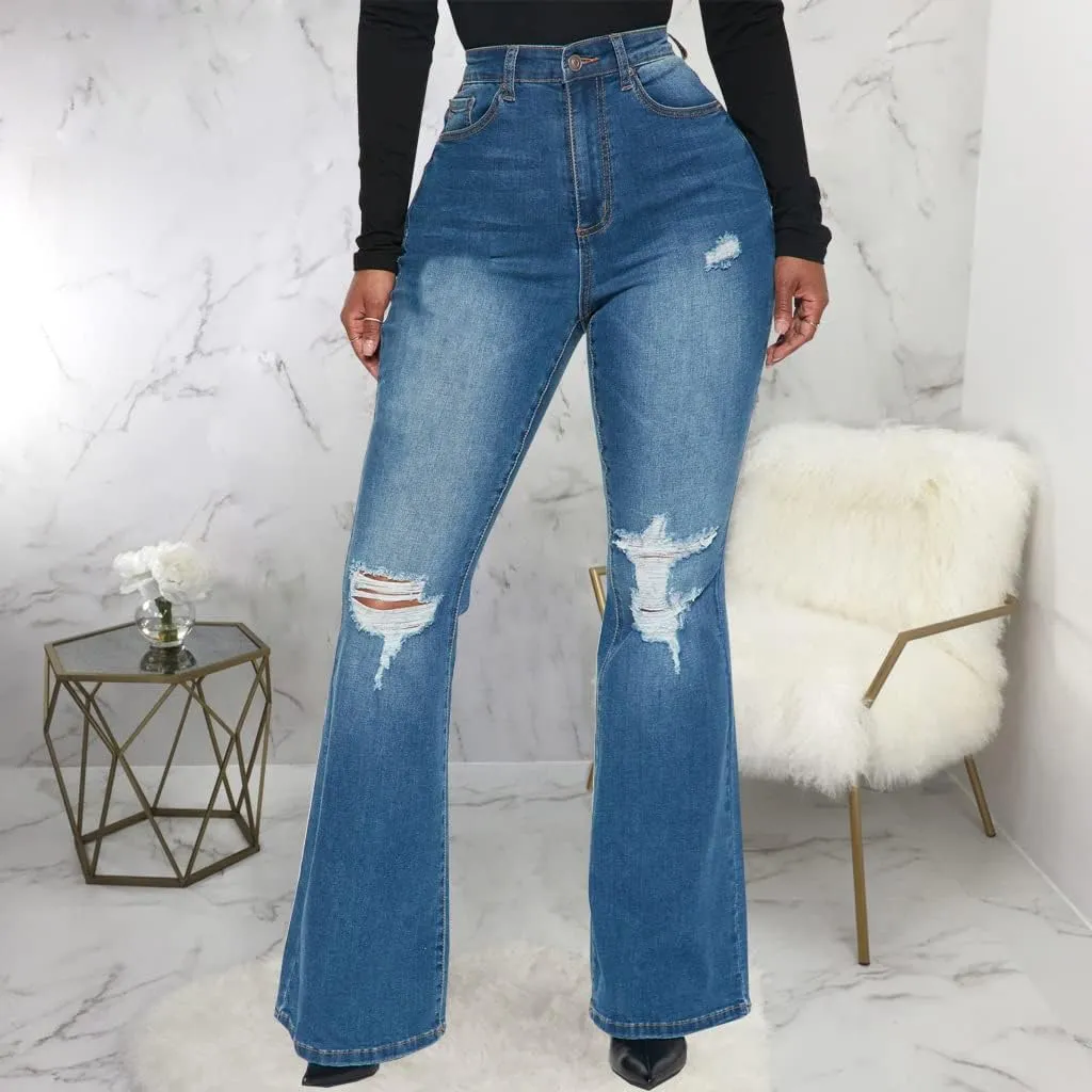 Bell Bottom Jeans for Women Ripped High Waisted Classic Flared Pants