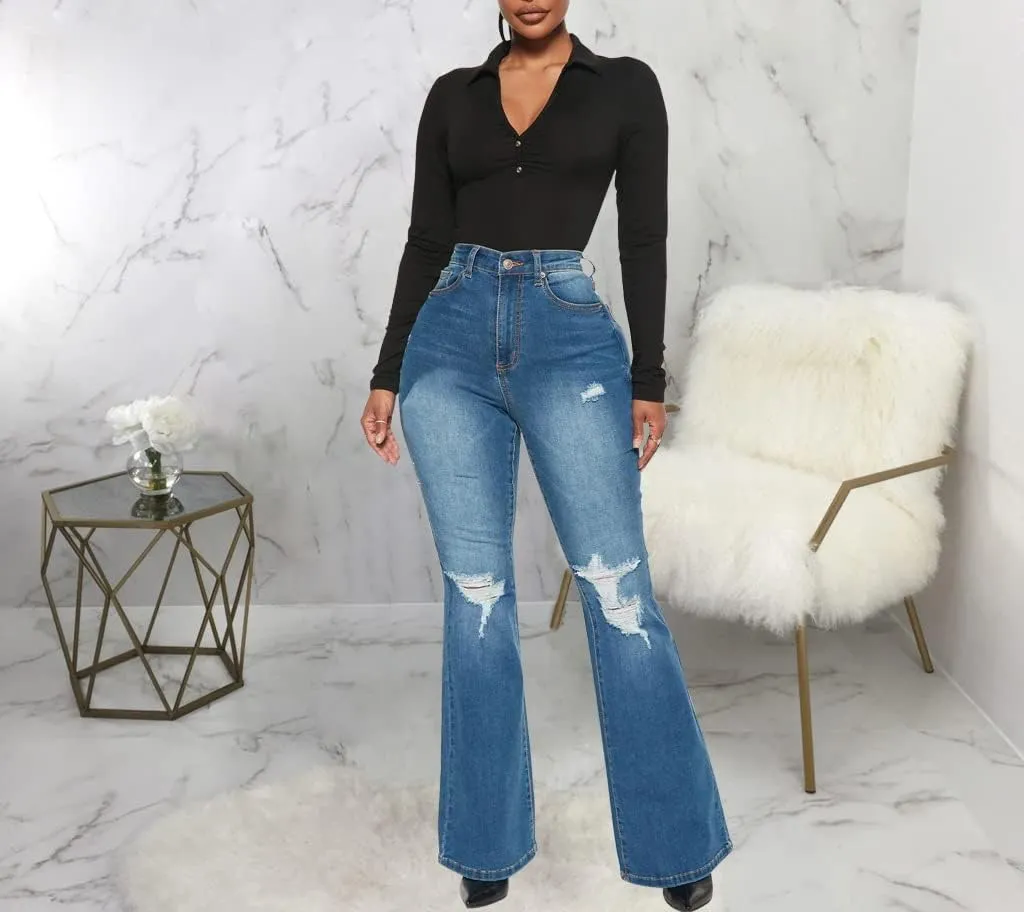 Bell Bottom Jeans for Women Ripped High Waisted Classic Flared Pants