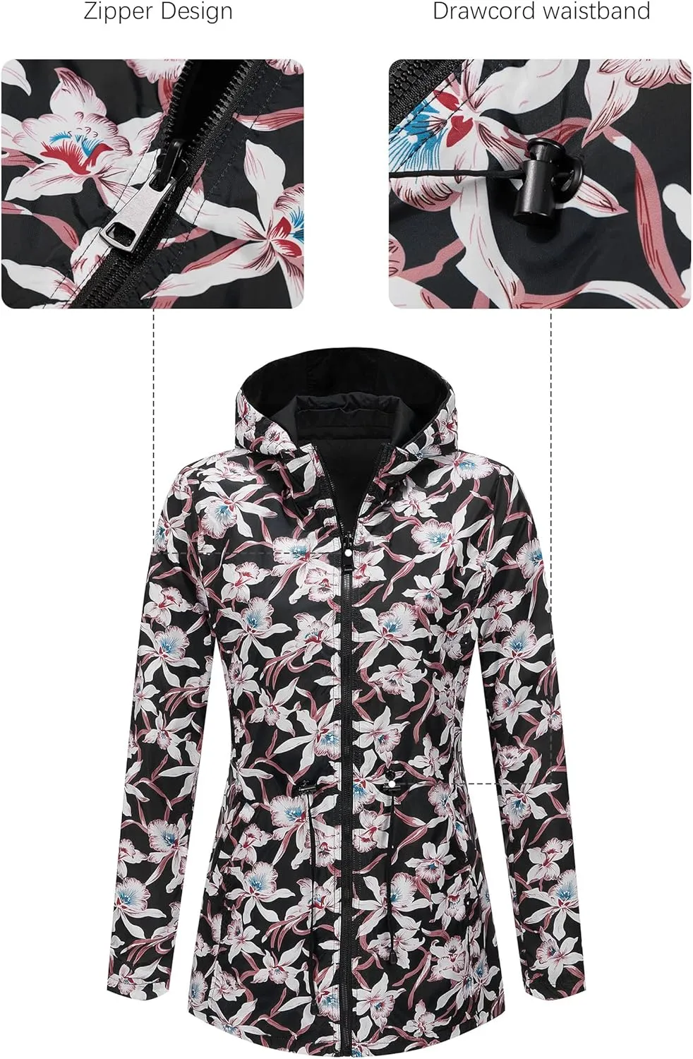 Bellivera Women Reversible Lightweight Jacket Casual Windbreaker Outerwear Waterproof Outdoor Printed Raincoat