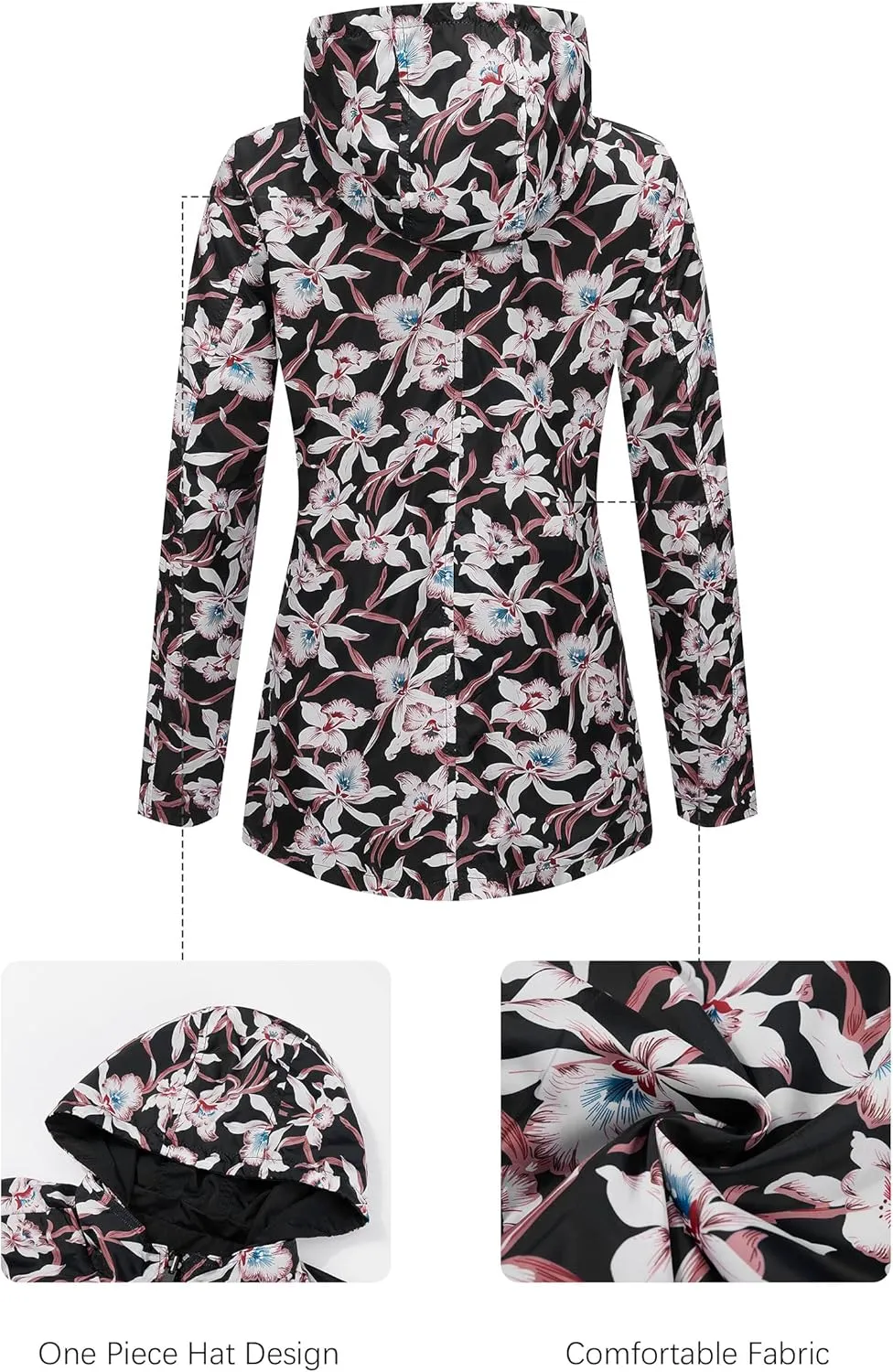 Bellivera Women Reversible Lightweight Jacket Casual Windbreaker Outerwear Waterproof Outdoor Printed Raincoat