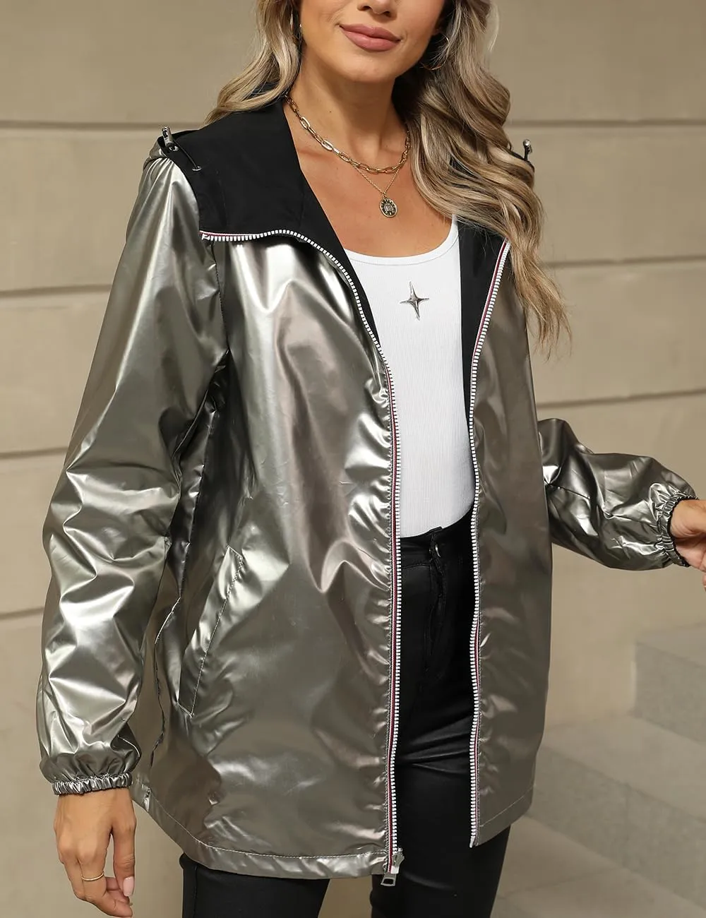 Bellivera Women Reversible Lightweight Jacket Casual Windbreaker Outerwear Waterproof Outdoor Printed Raincoat