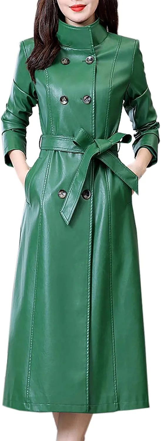 Betusline Womens Faux Leather Jacket Casual Lapel Long PU Trench Coat Outerwear with Belt