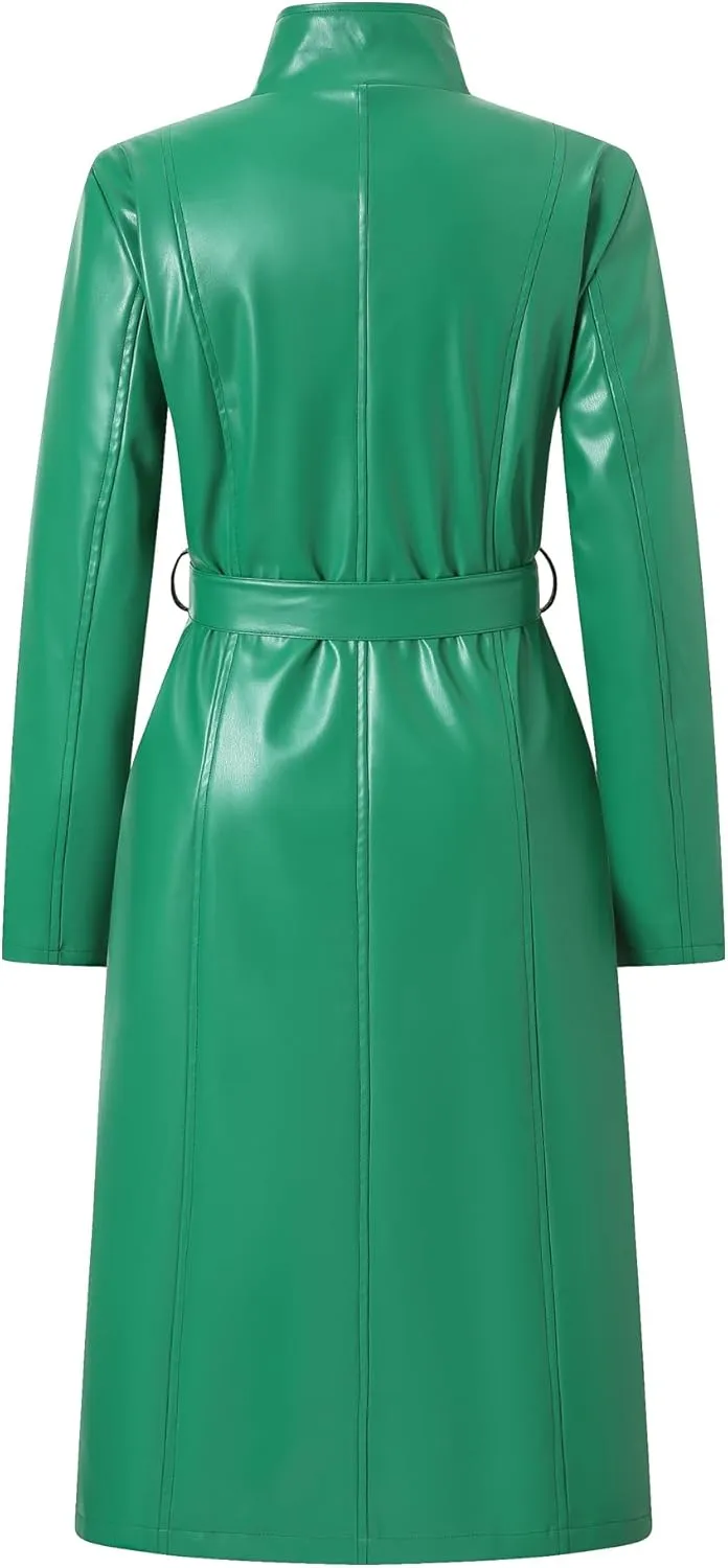 Betusline Womens Faux Leather Jacket Casual Lapel Long PU Trench Coat Outerwear with Belt