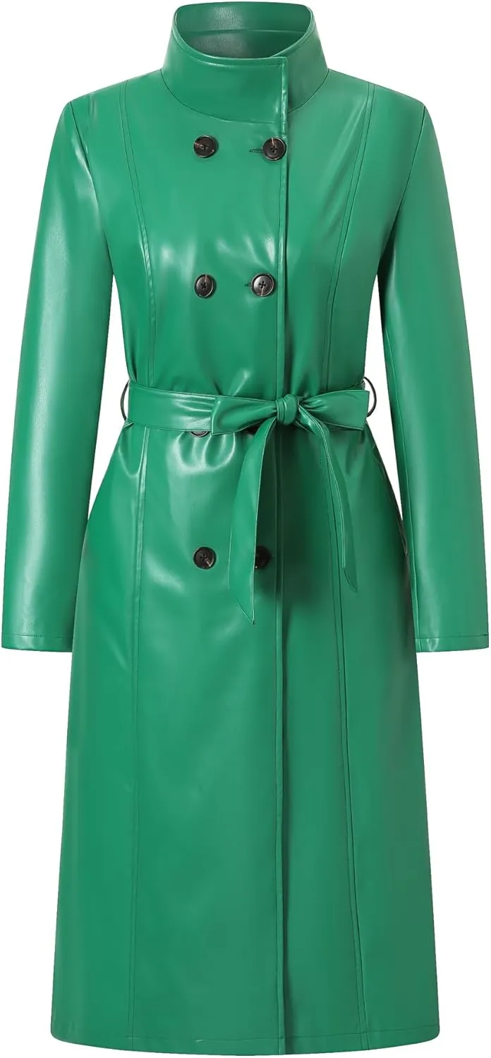 Betusline Womens Faux Leather Jacket Casual Lapel Long PU Trench Coat Outerwear with Belt