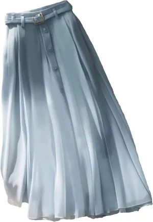Blue Pleated Midi Skirt Women Belt Skirts Fashion Elegant Button A-Line Skirt
