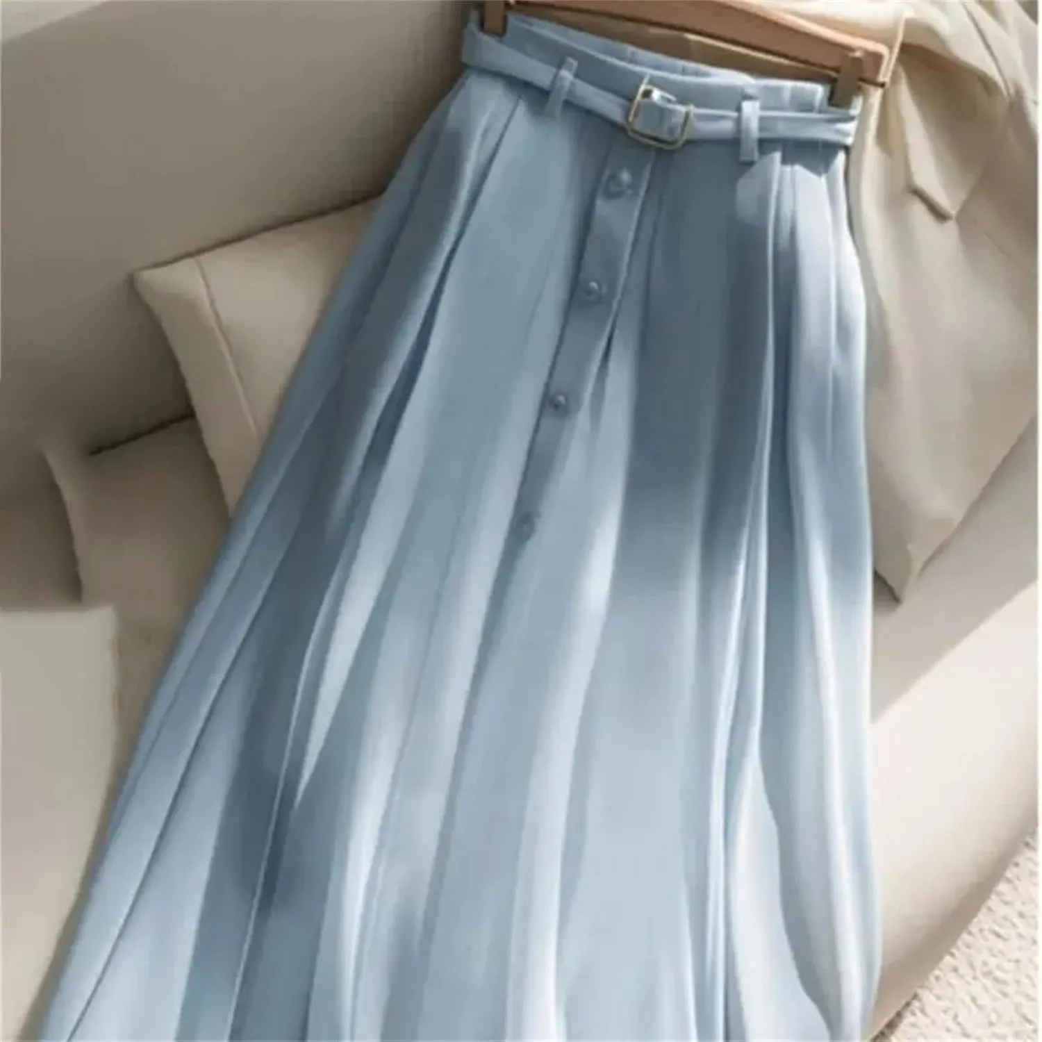 Blue Pleated Midi Skirt Women Belt Skirts Fashion Elegant Button A-Line Skirt