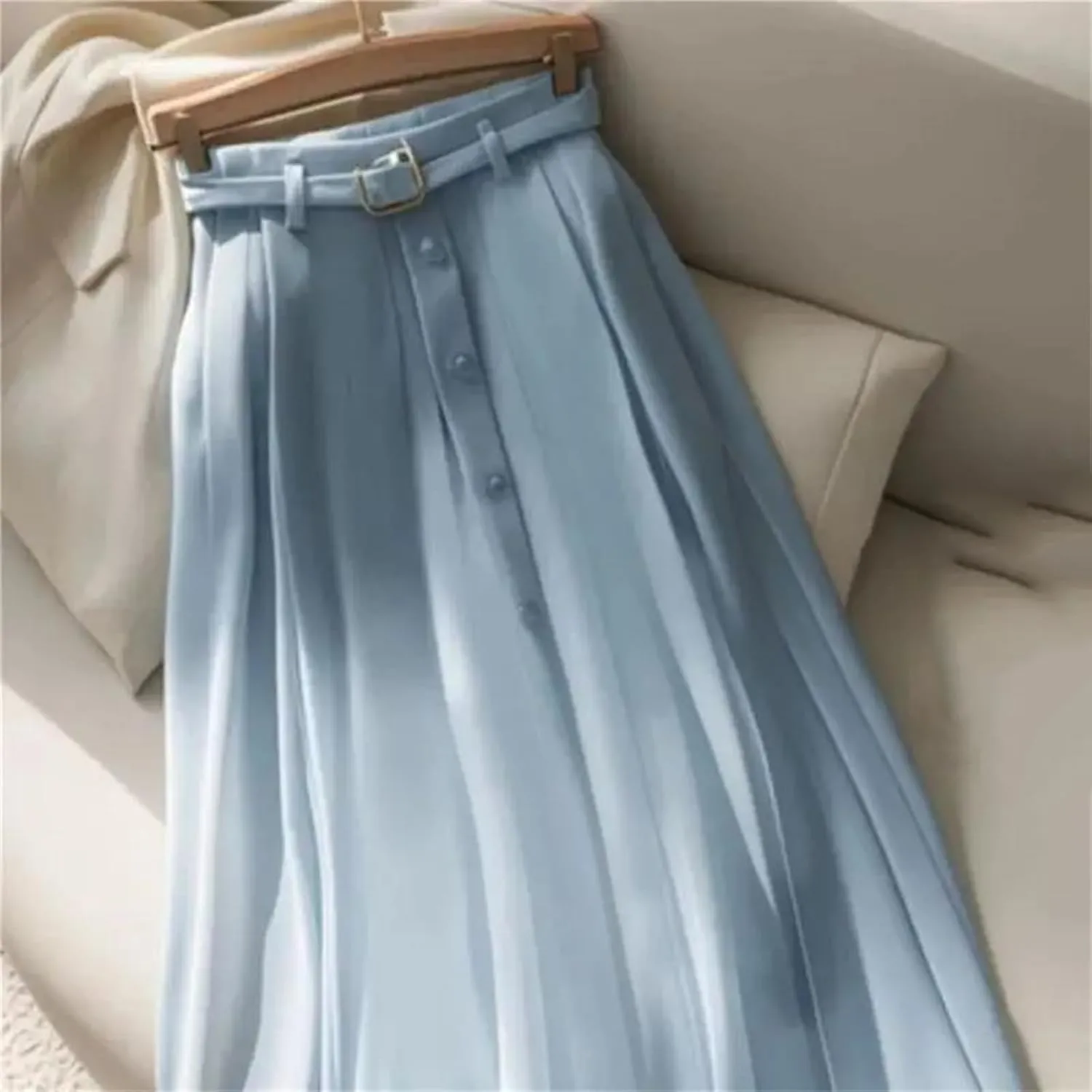 Blue Pleated Midi Skirt Women Belt Skirts Fashion Elegant Button A-Line Skirt