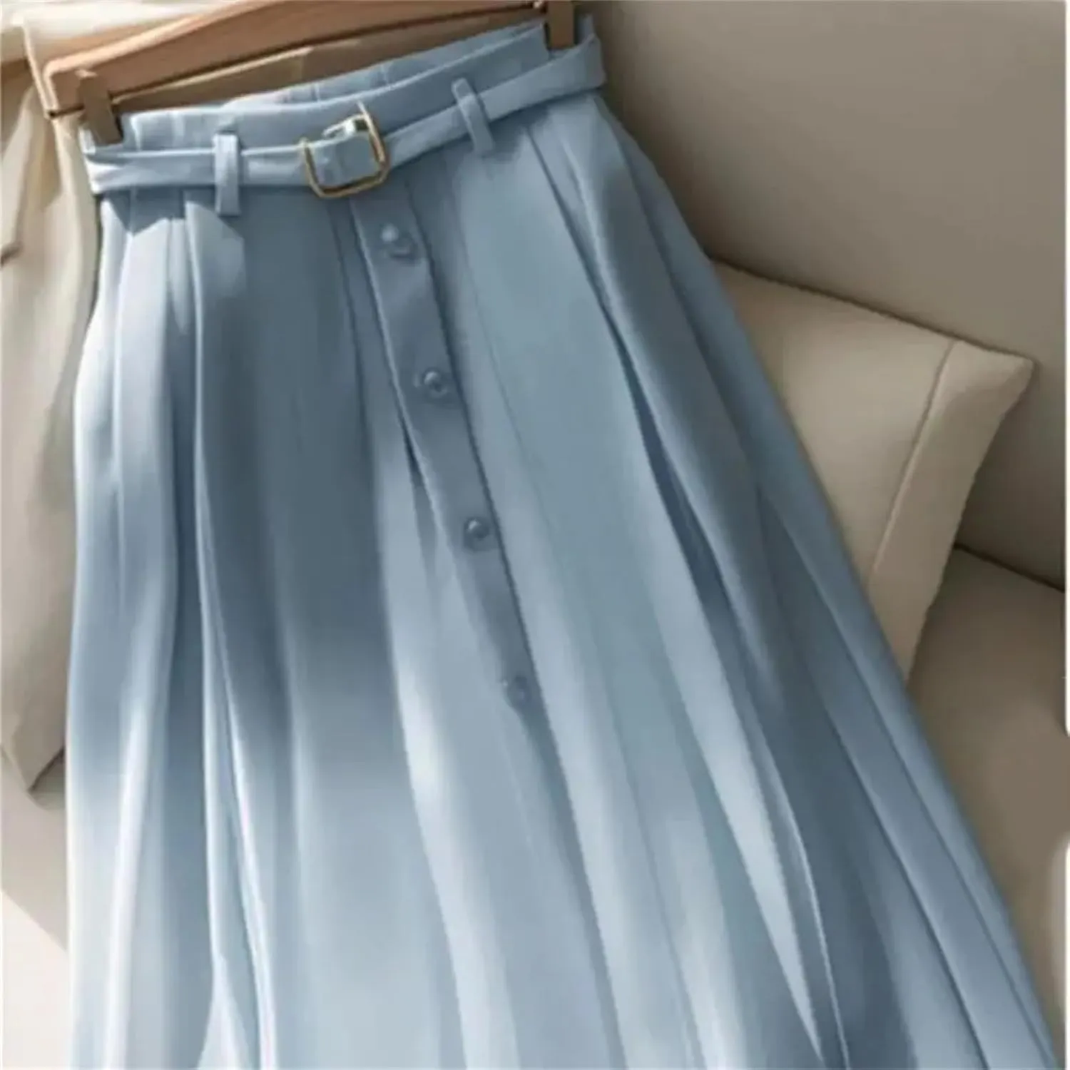 Blue Pleated Midi Skirt Women Belt Skirts Fashion Elegant Button A-Line Skirt