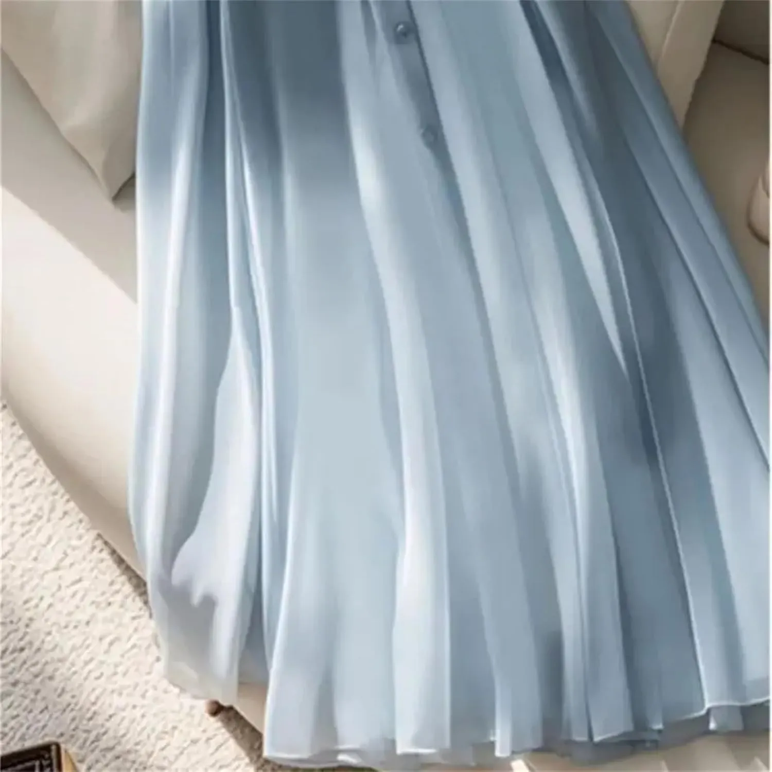 Blue Pleated Midi Skirt Women Belt Skirts Fashion Elegant Button A-Line Skirt