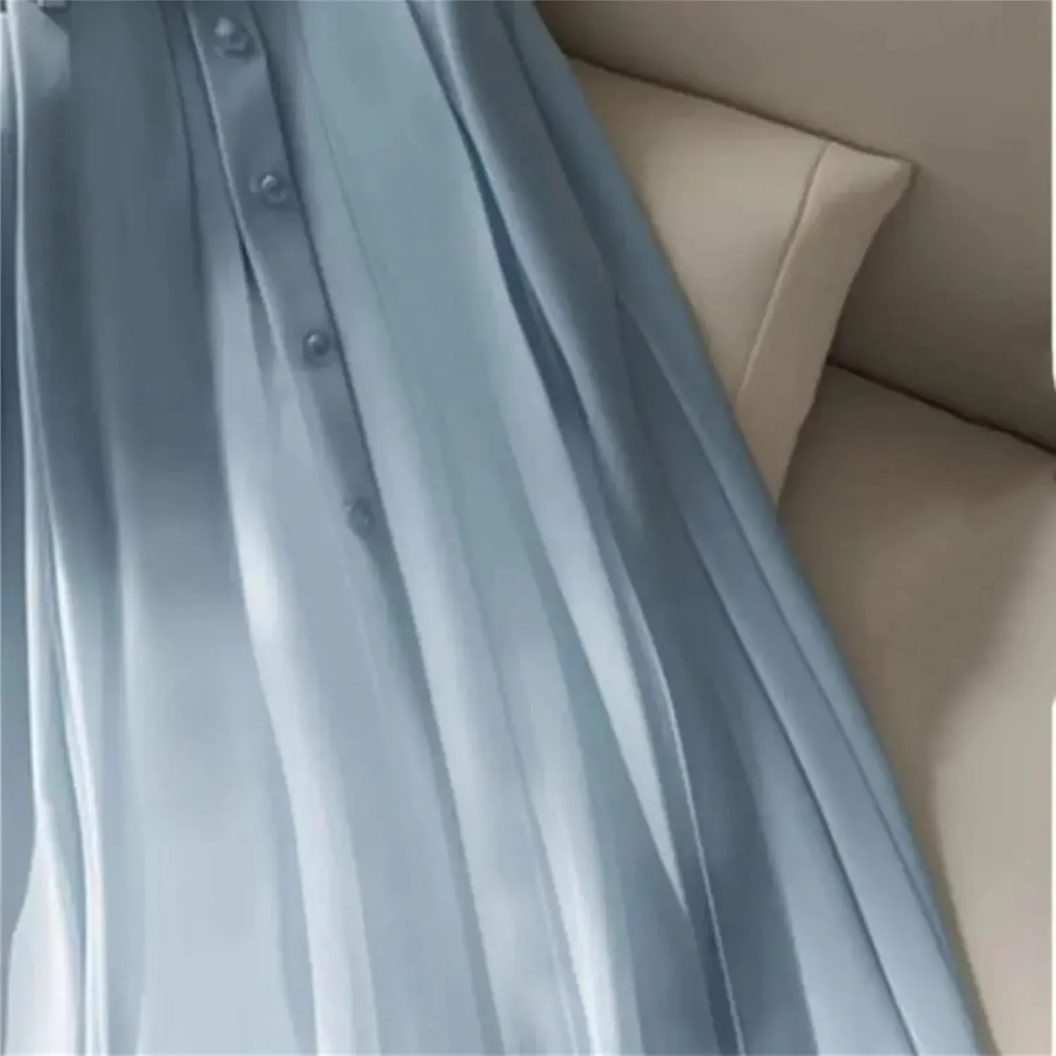Blue Pleated Midi Skirt Women Belt Skirts Fashion Elegant Button A-Line Skirt