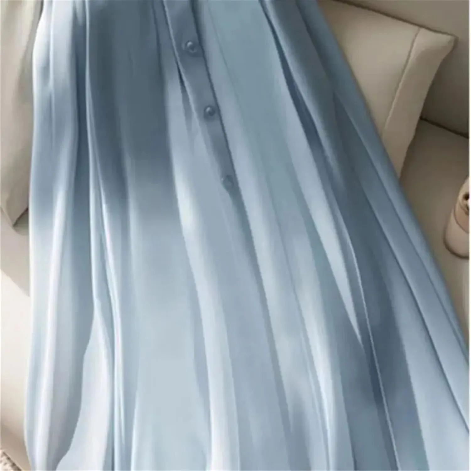 Blue Pleated Midi Skirt Women Belt Skirts Fashion Elegant Button A-Line Skirt