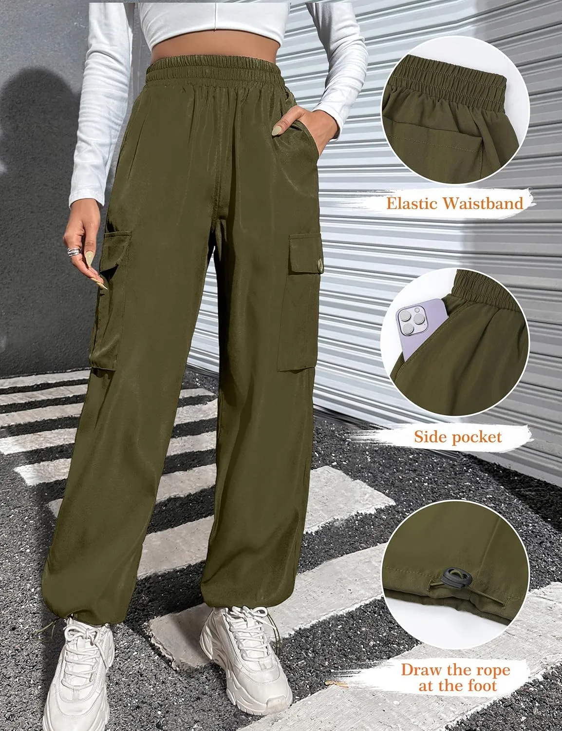 BMJL Womens Cargo Pants High Waisted Parachute Pants Wide Leg Baggy Y2K Trendy Trousers with Multiple Pockets