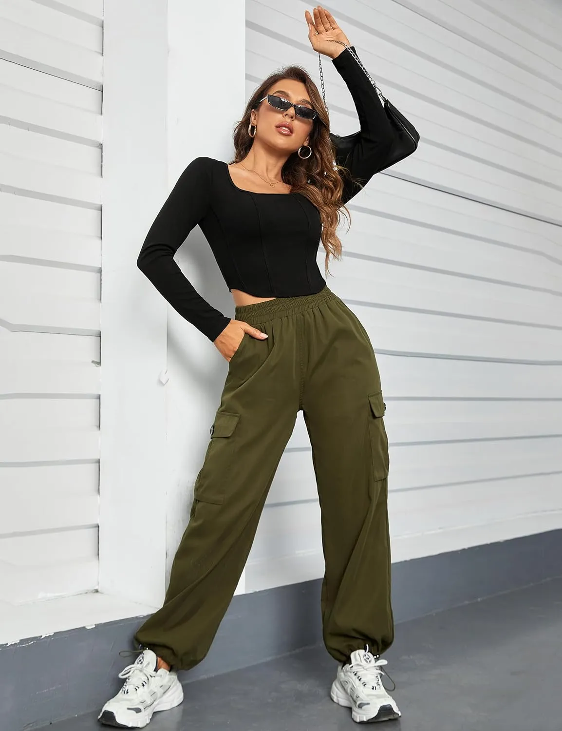 BMJL Womens Cargo Pants High Waisted Parachute Pants Wide Leg Baggy Y2K Trendy Trousers with Multiple Pockets