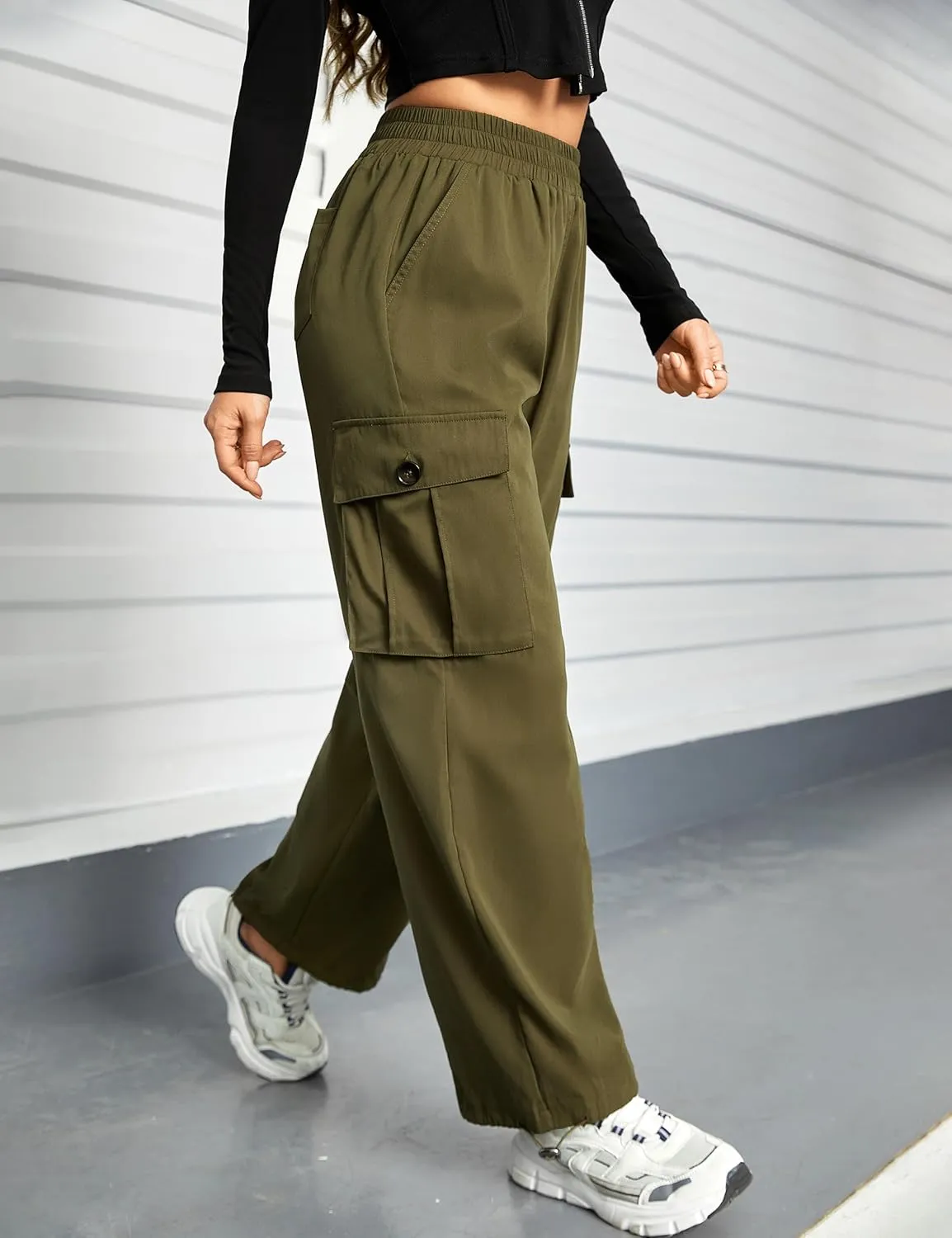 BMJL Womens Cargo Pants High Waisted Parachute Pants Wide Leg Baggy Y2K Trendy Trousers with Multiple Pockets