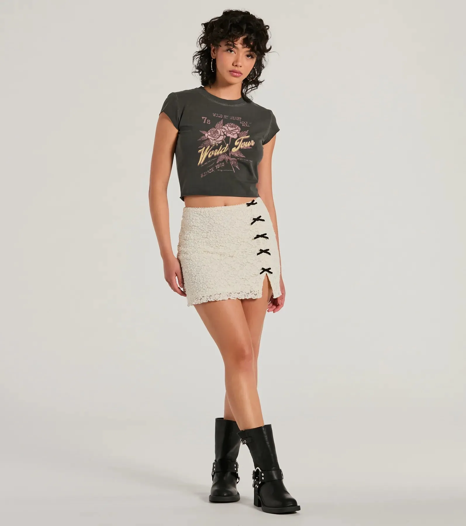 Bound To Charm High-Rise Texture Lace Bow Mini Skirt