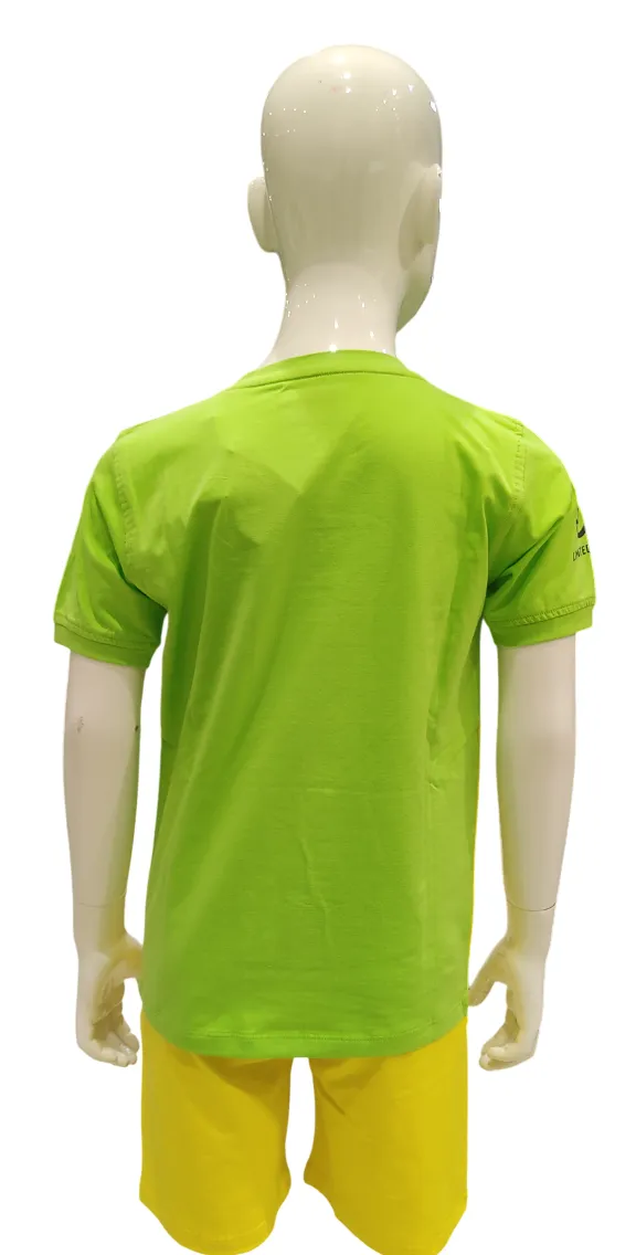 Boys Green Yellow Round Neck Half Sleeve & Shorts Co-Ord Set