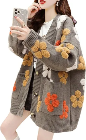Bozanly Women's Cute Floral Embroidery Knit Cardigan Long Sleeve Loose Open Front Sweater Outerwear