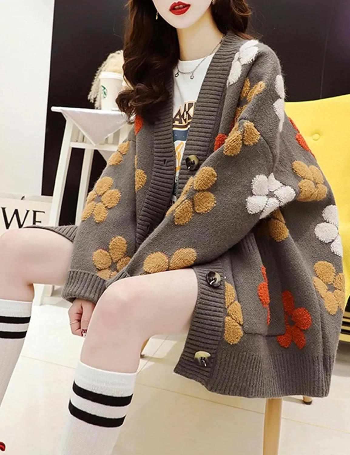 Bozanly Women's Cute Floral Embroidery Knit Cardigan Long Sleeve Loose Open Front Sweater Outerwear