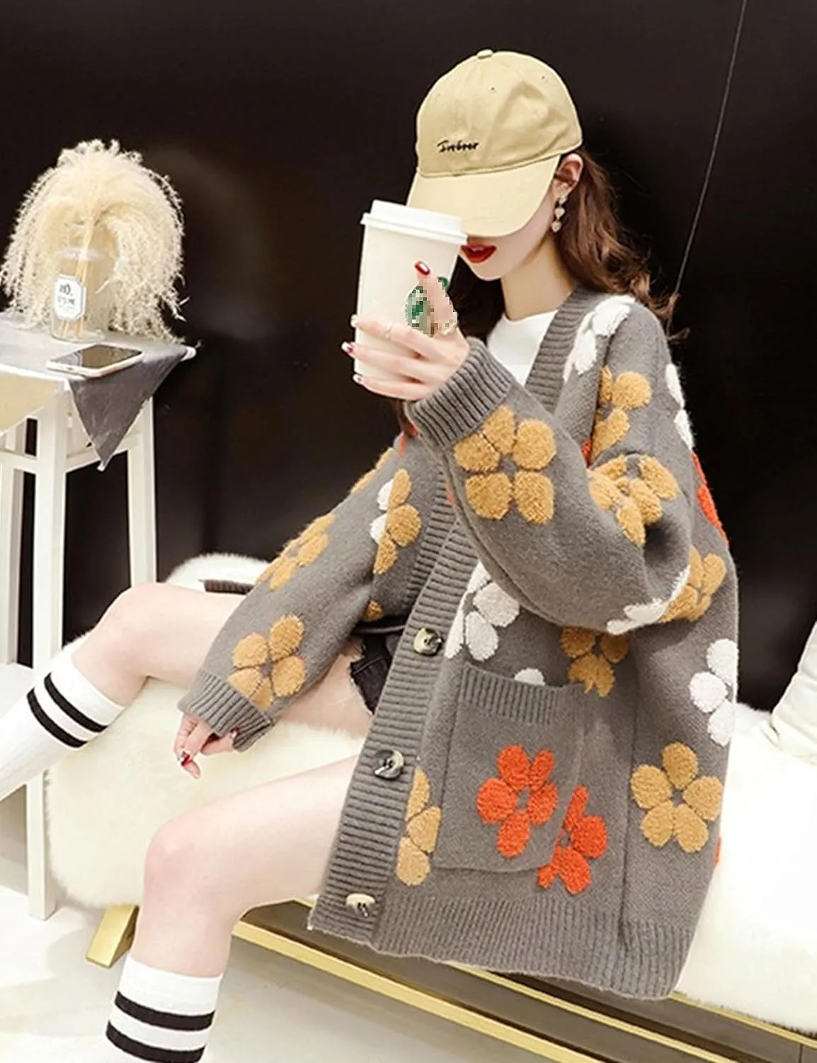 Bozanly Women's Cute Floral Embroidery Knit Cardigan Long Sleeve Loose Open Front Sweater Outerwear