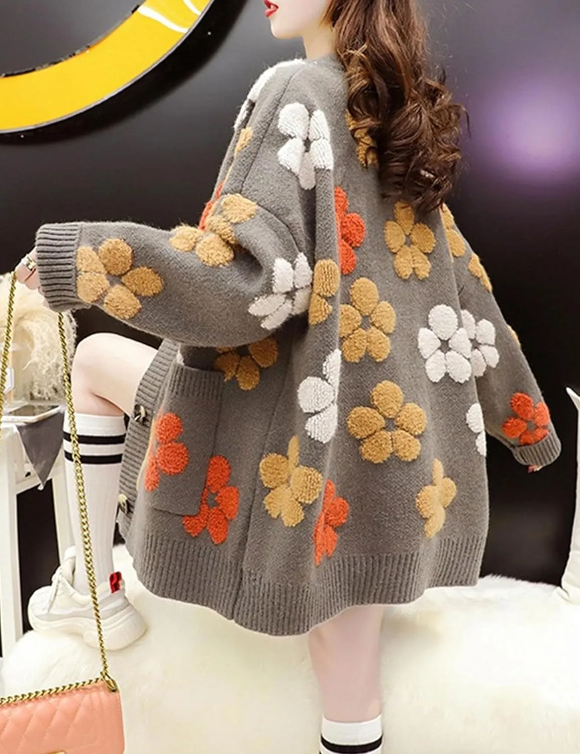 Bozanly Women's Cute Floral Embroidery Knit Cardigan Long Sleeve Loose Open Front Sweater Outerwear
