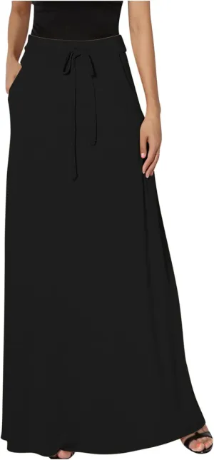 BTDECLAR Women Trendy Summer Maxi Skirt Elegant Elastic High Waisted Flowy Skirts Business Casual Long Skirts with Pockets