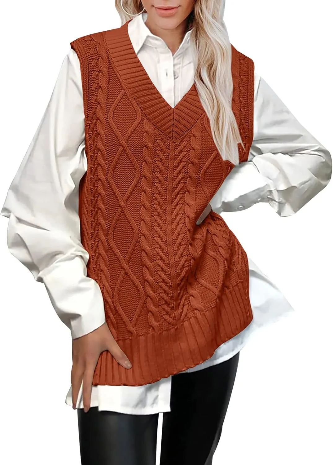 BWQ Womens Oversized Sweater Vest V Neck Sleeveless Plaid Cable Knit Tank Top Sweaters