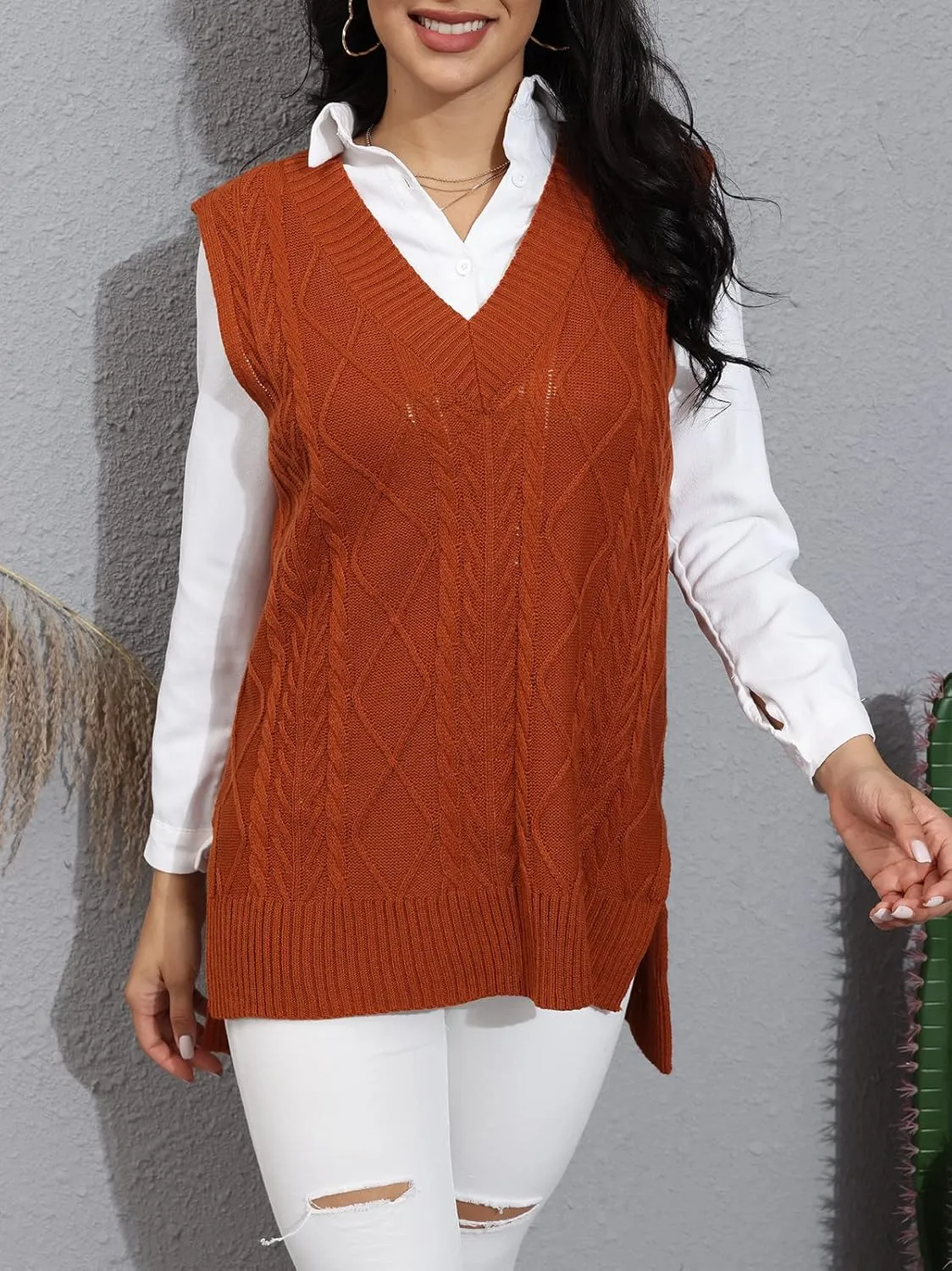 BWQ Womens Oversized Sweater Vest V Neck Sleeveless Plaid Cable Knit Tank Top Sweaters