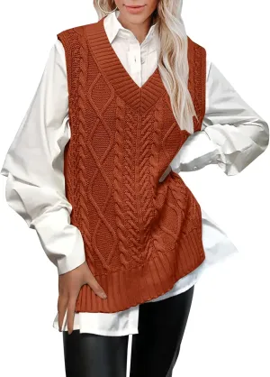 BWQ Womens Oversized Sweater Vest V Neck Sleeveless Plaid Cable Knit Tank Top Sweaters