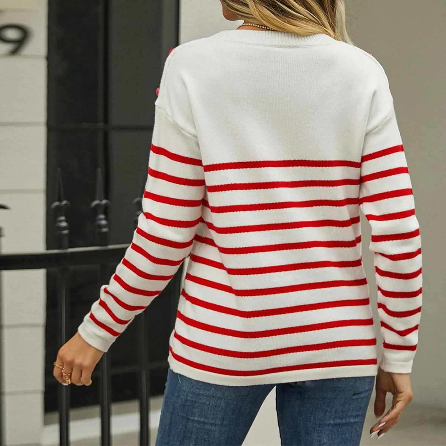 Cable Knit Striped Sweater for Women Crew Neck Oversized Long Sleeve Pullover Fall Winter Sweater for Women Trendy