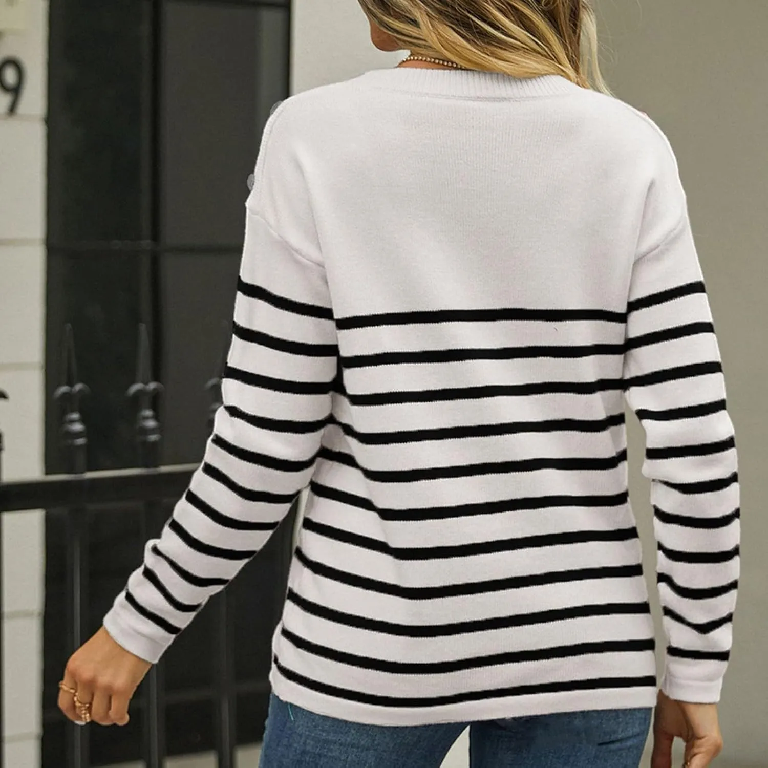 Cable Knit Striped Sweater for Women Crew Neck Oversized Long Sleeve Pullover Fall Winter Sweater for Women Trendy