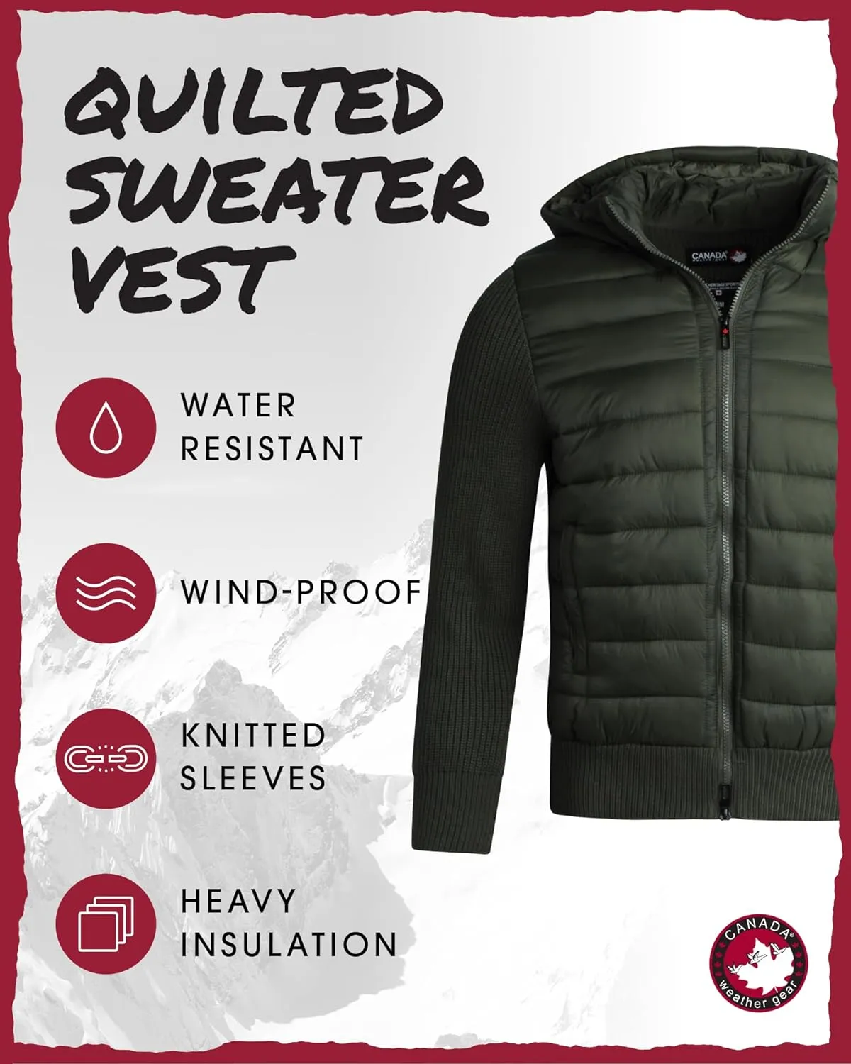 CANADA WEATHER GEAR Men's Quilted Sweater Vest - Water Resistant Full Zip Up Hooded Puffer Winter Jacket (Sizes: M-XXL)