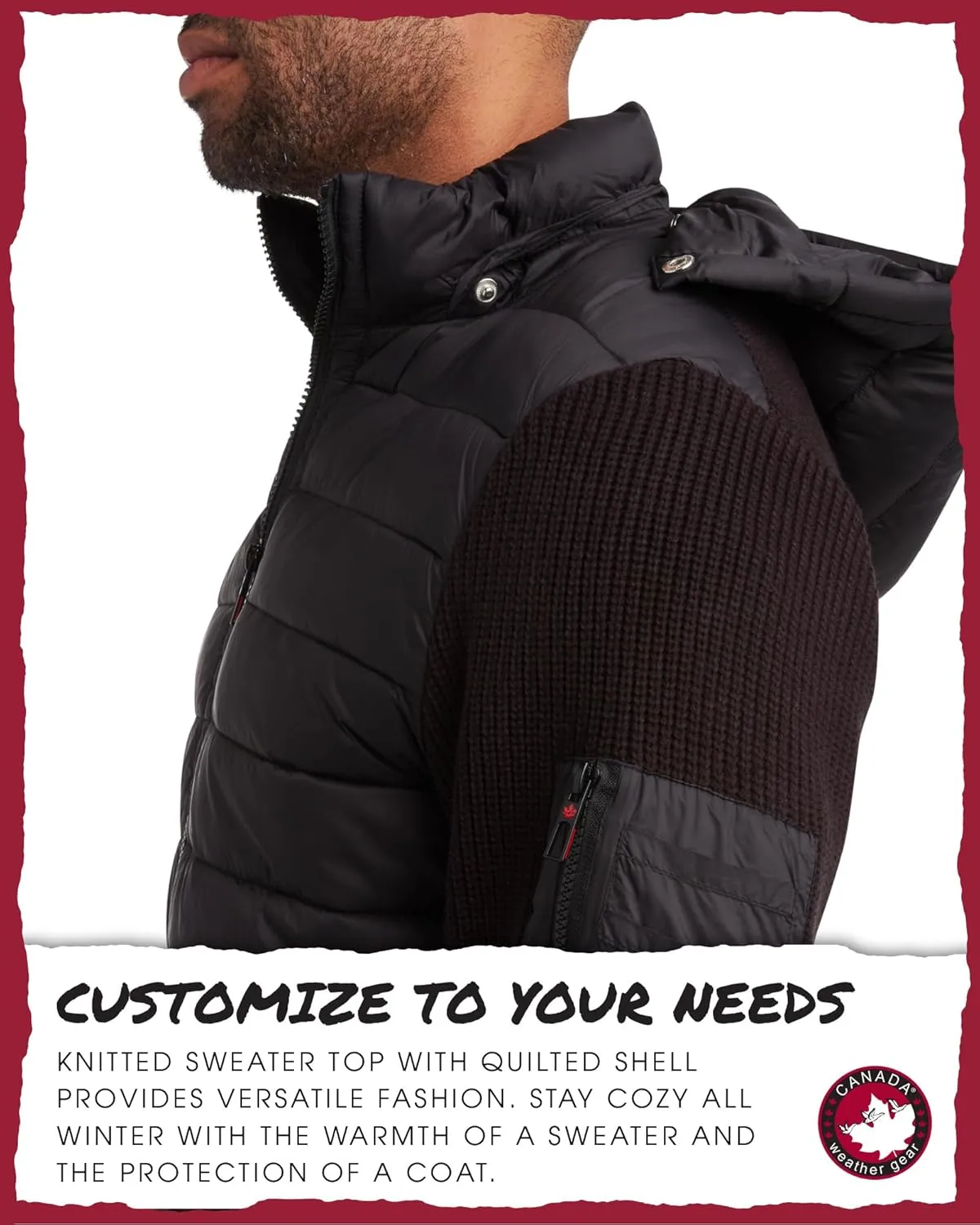 CANADA WEATHER GEAR Men's Quilted Sweater Vest - Water Resistant Full Zip Up Hooded Puffer Winter Jacket (Sizes: M-XXL)