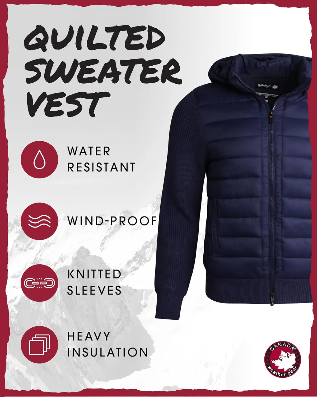 CANADA WEATHER GEAR Men's Quilted Sweater Vest - Water Resistant Full Zip Up Hooded Puffer Winter Jacket (Sizes: M-XXL)