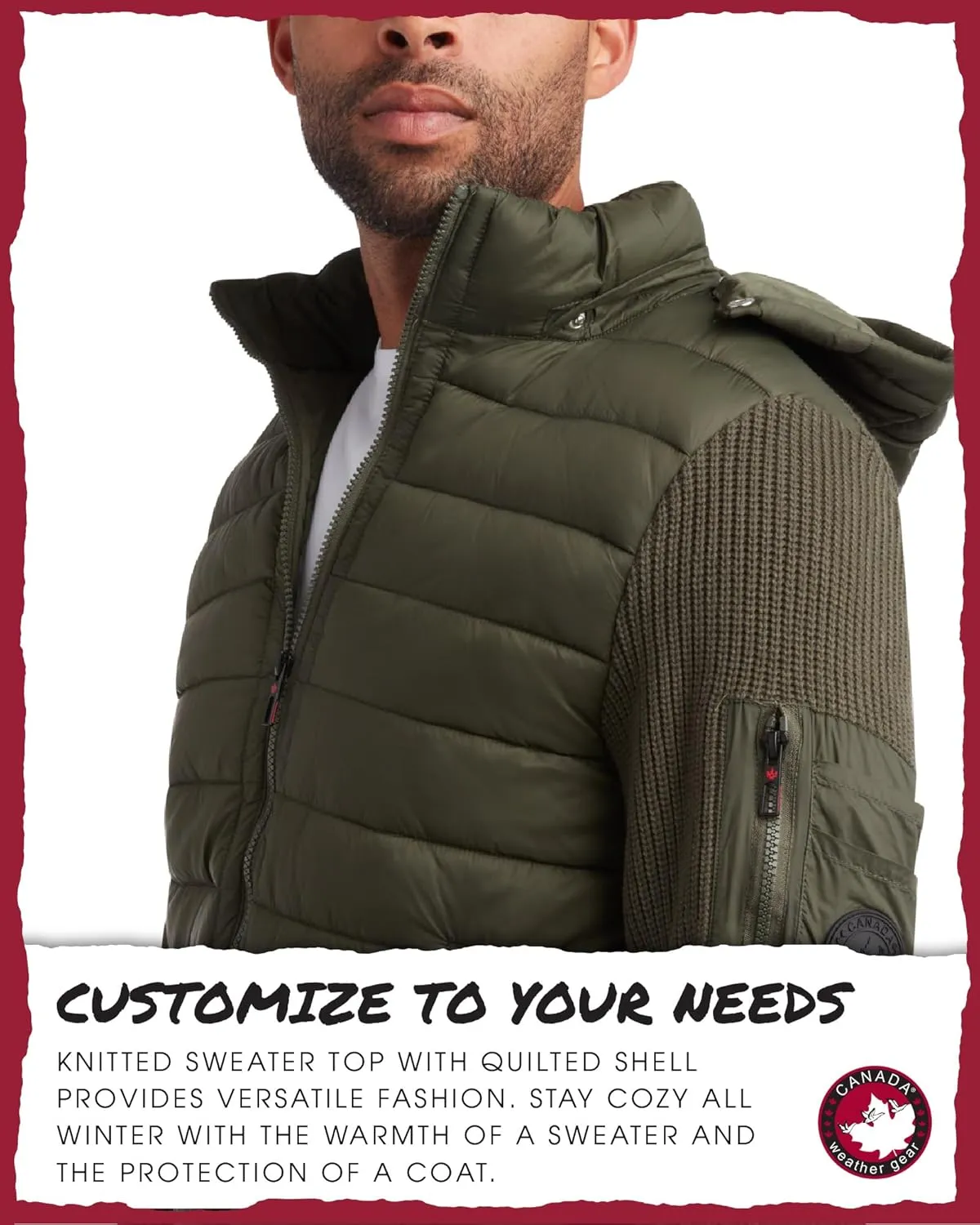 CANADA WEATHER GEAR Men's Quilted Sweater Vest - Water Resistant Full Zip Up Hooded Puffer Winter Jacket (Sizes: M-XXL)