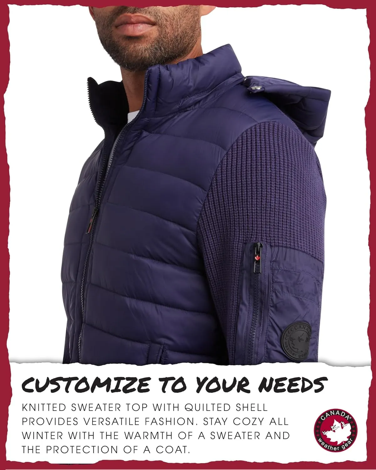 CANADA WEATHER GEAR Men's Quilted Sweater Vest - Water Resistant Full Zip Up Hooded Puffer Winter Jacket (Sizes: M-XXL)