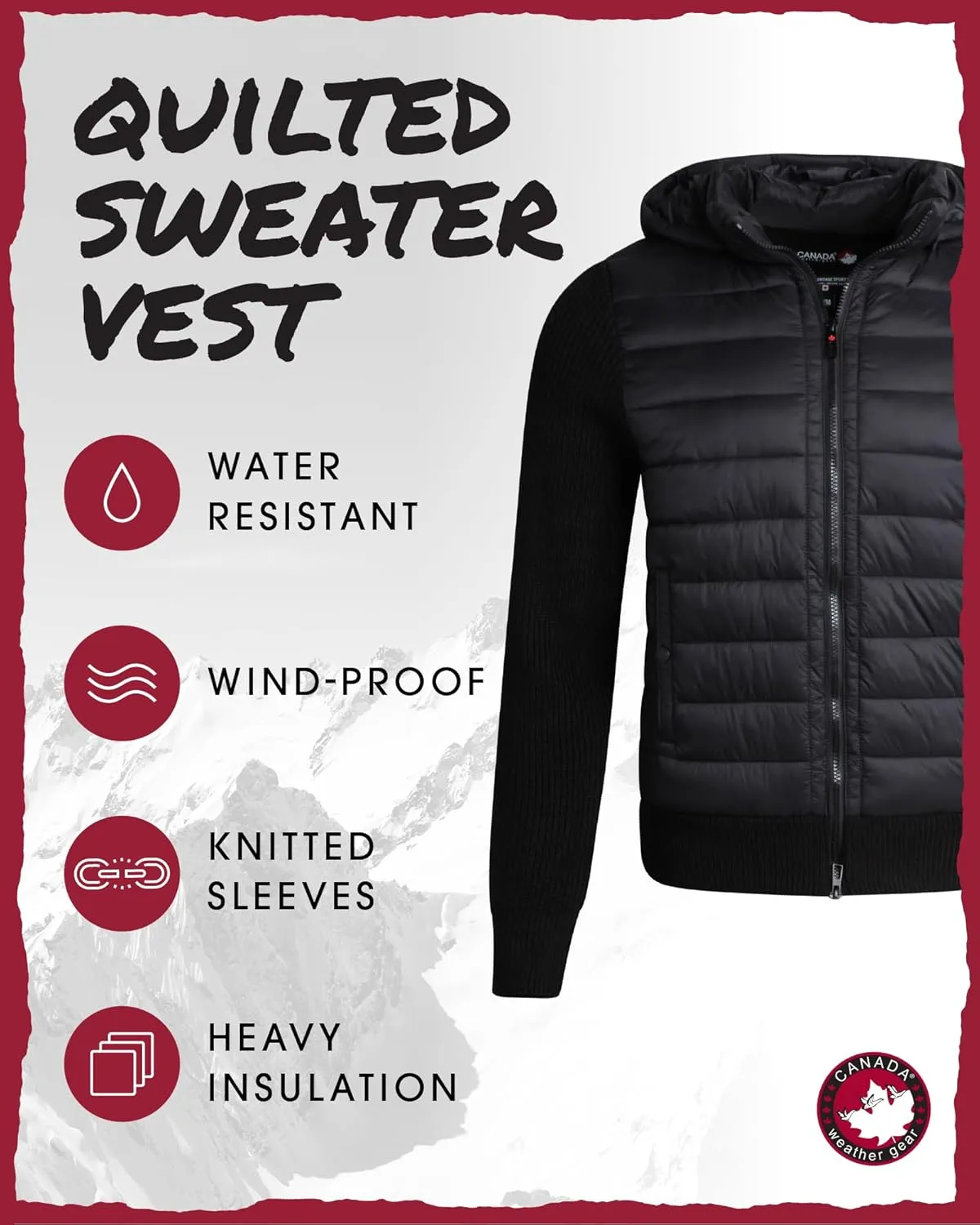 CANADA WEATHER GEAR Men's Quilted Sweater Vest - Water Resistant Full Zip Up Hooded Puffer Winter Jacket (Sizes: M-XXL)